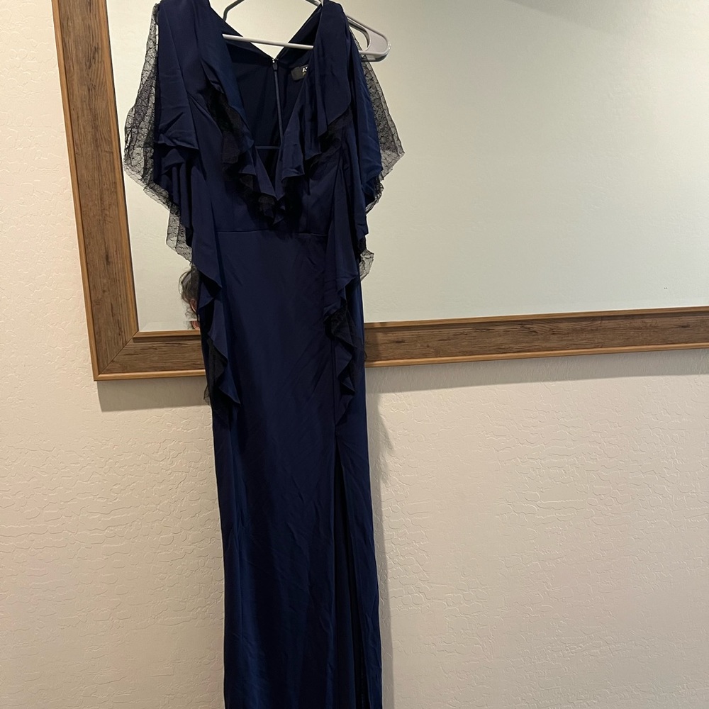 ABS ALLEN SHWARTZ NAVY SLIT GOWN DRESS BLACK LACE RUFFLE NEW